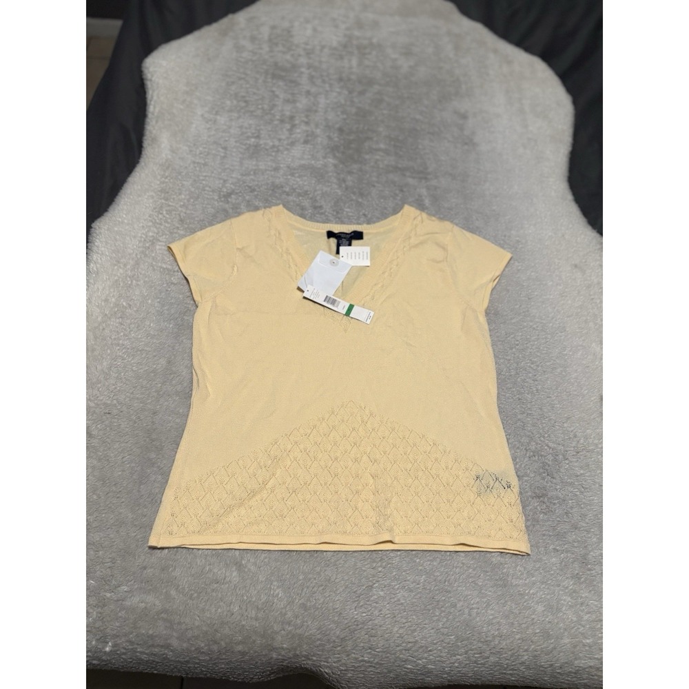 Jones Wear Women's Short Sleeve V-Neck Lace Top Yellow Size PL New With Tags